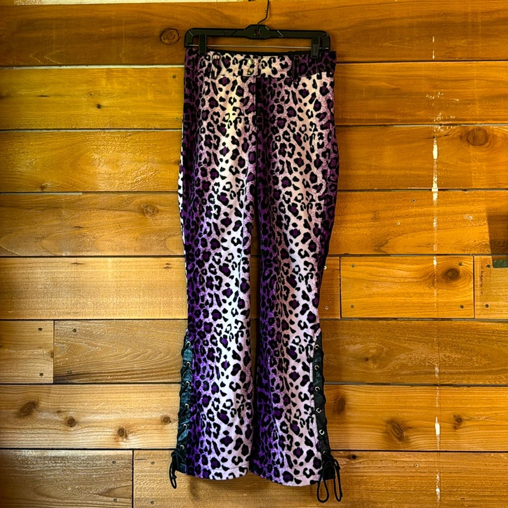 Leopard Print Purple Velvet Flared Pants with Lace-Up Hem